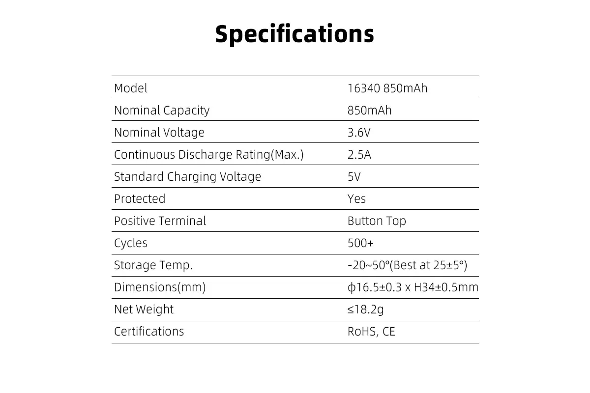 Batería Xtar 16340 850Mah 2.5A Protegida Original